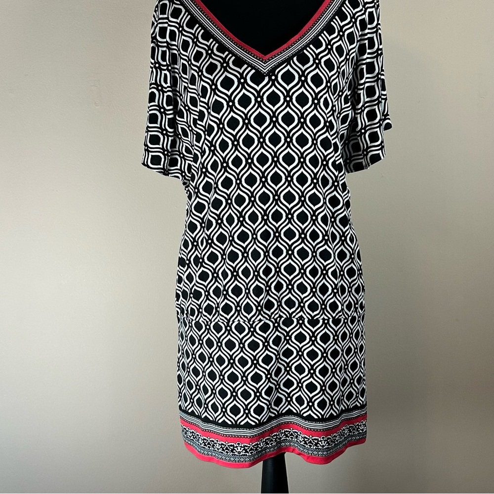 White House Black‎ Market Black and White Mini Dress with Red Trim